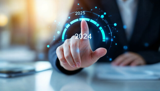 Businesswoman uses her hand to press a digital loading bar that represents the change from 2024 to 2025. Which is a symbol of strategic planning and future readiness. 