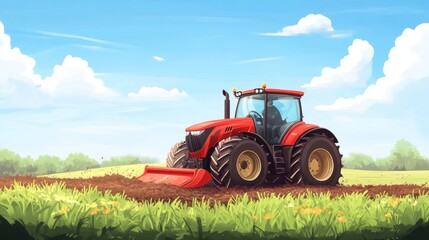 Fototapeta premium Red Tractor Working a Spring Field