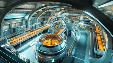 Fototapeta premium Futuristic factory interior with advanced machinery and conveyor belts.