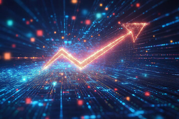 Fototapeta premium Raise arrow chart digital transformation abstract technology background. Big data and business growth currency stock and investment economy