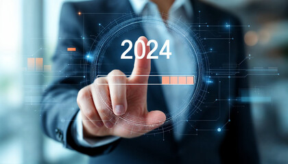 Businesswoman uses her hand to press a digital loading bar that represents the change from 2024 to 2025. Which is a symbol of strategic planning and future readiness. 