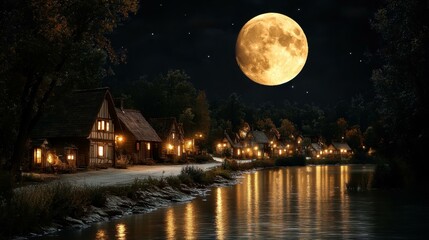 Moonlit Cabins. Thumbnail Squarespace designer forebears Space id Hosting core Speculative fiction Tunetank Artlist Dezgo Revision village Cozy lit wooden lakeside cottages with full moon night