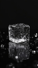 A single ice cube with droplets of water on black