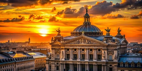 Obraz premium Parisian Opera Silhouette at Sunset: Scenic French Skyline Travel Photography