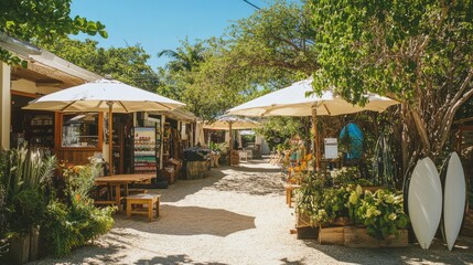 Obraz premium Vibrant Outdoor Marketplace Surrounded by Lush Green Foliage