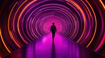 Person is walking down a tunnel illuminated by concentric circles of light, creating a mesmerizing effect