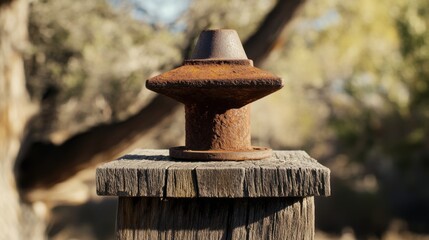 Fototapeta premium Up-Close View of a Weathered Metal Insulator on a Timber Pole, Highlighting Corrosion-Resistant Rust Prevention