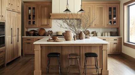 A charming rustic kitchen with wooden cabinetry, a central island, and farmhouse decor. The space combines natural materials like wood and stone, creating a warm, inviting atmosphere perfect for