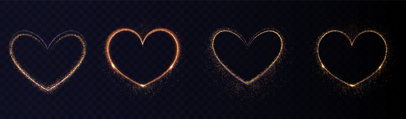 Heart gold with flashes isolated on transparent background. Light heart for holiday cards, banners, invitations. Heart-shaped neon wire glow.	