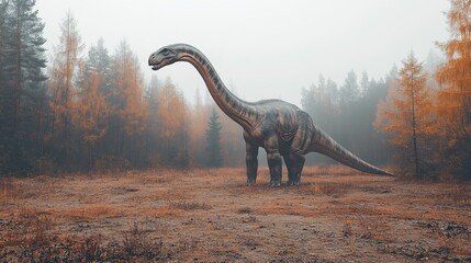 Fototapeta premium A dinosaur stands in a misty forest, surrounded by autumn foliage.