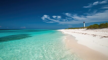 Fototapeta premium Lighthouse Beach Serenity: Turquoise Waters and Pristine Sands