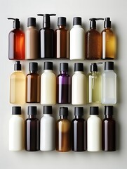 Flat lay of various bottles of cosmetic products arranged in a grid on a white background.