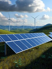 Sustainable Energy: Solar Panels and Wind Turbines in a Green Landscape