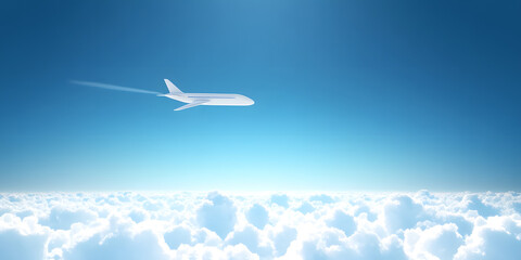 Fototapeta premium White plane in the blue sky flying above the clouds. Vector background template for web page header