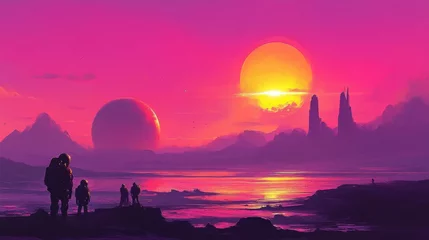Gordijnen Alien sunset landscape with astronauts. © Yuni
