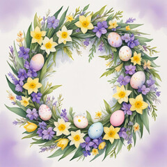 Pastel Easter Wreath with Daffodils, Tulips, and Easter Eggs: Watercolor