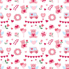 A pattern of hearts and teddy bears. The teddy bears are holding flowers and some are holding balloons