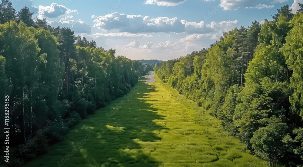 Poster drone view of a green forest with a big road in the middle.