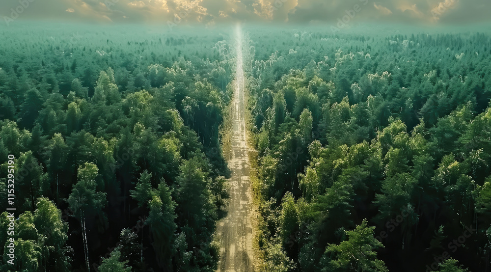 Poster drone view of a green forest with a big road in the middle.