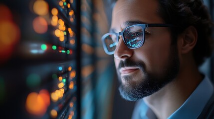 Focused IT specialist examining server rack.