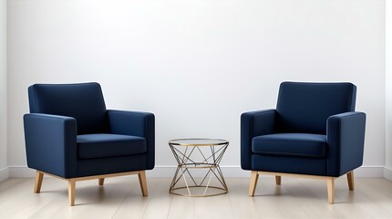 Two Elegant Navy Blue Velvet Armchairs with Gold Geometric Coffee Table in a Minimalist White Room