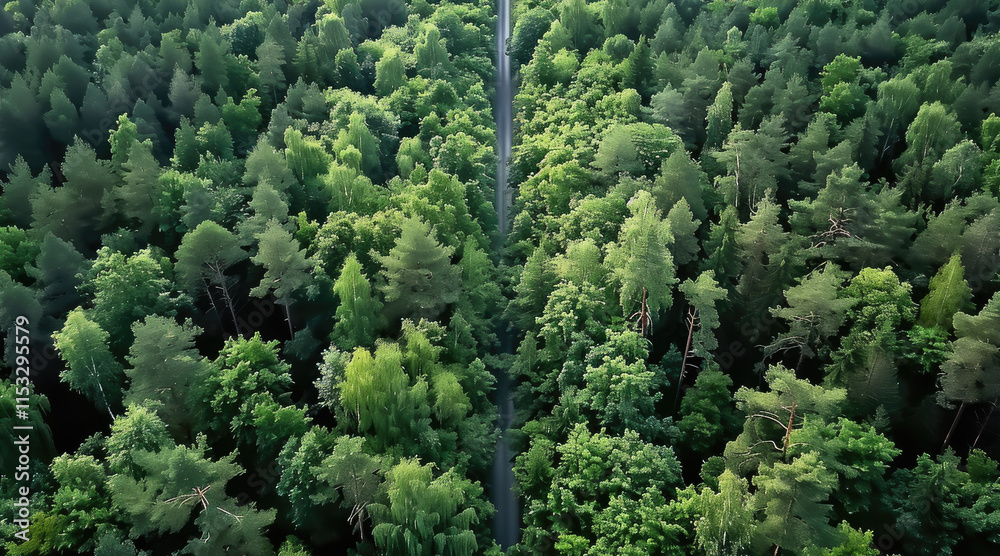 Poster drone view of a green forest with a big road in the middle.