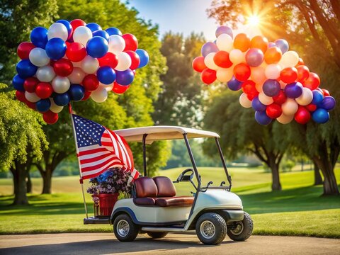 Patriotic Golf Cart Decorated for Fourth of July Celebration - Festive Summer Stock Photo - Powered by Adobe
