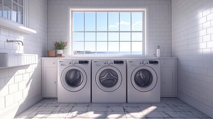 Bright laundry room with three white washing machines and ocean view.
