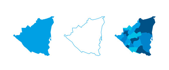 Nicaragua set of three maps - solid map, outline map and map highlighting administrative divisions. Three distinct maps illustrate various representations of a geographical area.