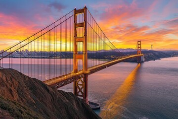 Fototapeta premium Golden suspension bridge at sunset, with orange and pink hues lighting the sky