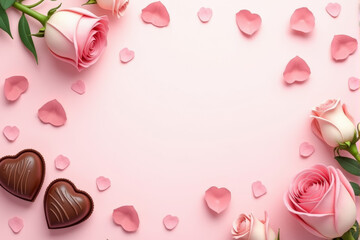 Fototapeta premium Illustration of a romantic flatlay with pink tones, chocolates, and a touch of elegance. .