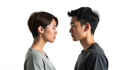 Young Couple Profile, Face to Face, Asian Couple Portrait, Studio Shot, White Background