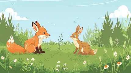 A fox and a rabbit sitting in a field, facing each other.