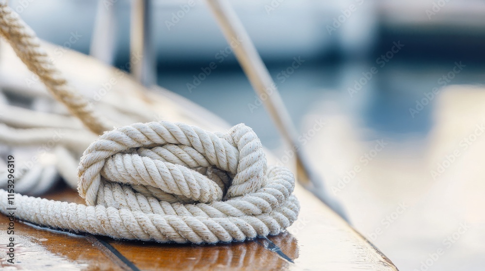 Poster A serene sailing setup with a neatly coiled rope and well-arranged sails, A calm dockside with a gentle breeze, Minimalist nautical style