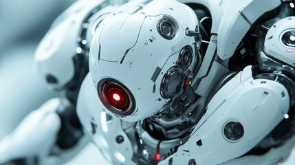 Fototapeta premium A White Robotic Figure With A Red Eye Sensor