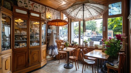 Fototapeta premium Cozy Vintage Café Interior with Decorative Umbrellas and Flowers