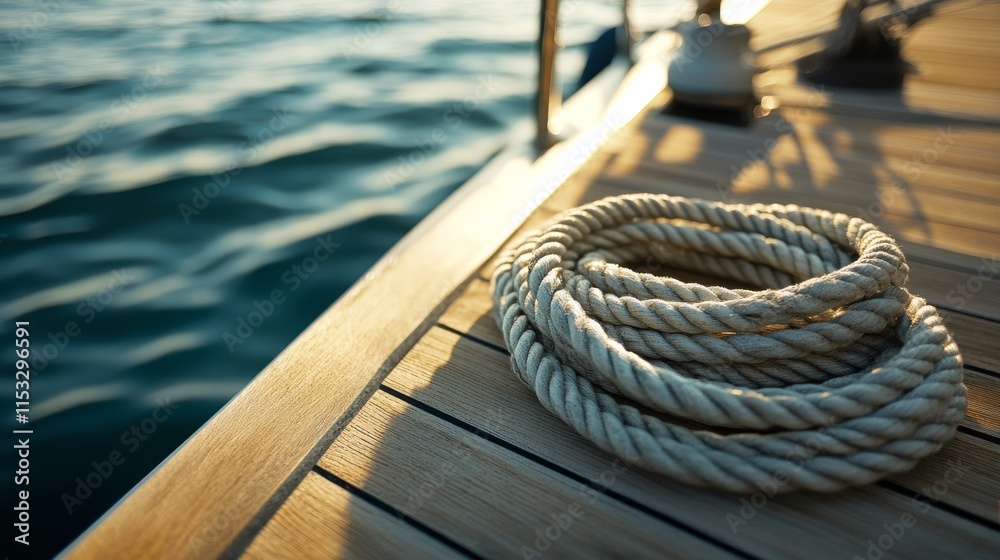 Poster A serene sailing setup with a neatly coiled rope and well-arranged sails, A calm dockside with a gentle breeze, Minimalist nautical style