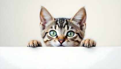 A curious cat leans over the edge of a white board, showcasing its playful nature and inquisitive expression