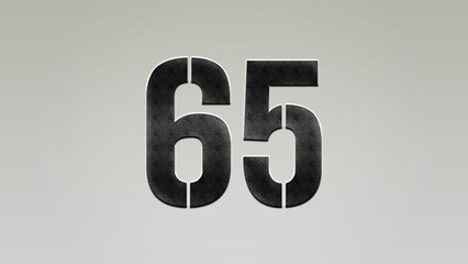 3D Bold metal number 65 on silver background.	