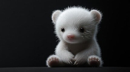 Fototapeta premium A white baby bear with soft, fluffy fur sits in a dark studio, looking adorable and innocent. The image focuses on the bear. AI Generation