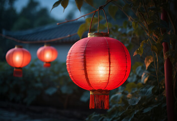 Obraz premium Illuminated Red Chinese Lanterns in a Garden Setting