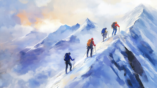 A group of climbers ascending a mountain in winter