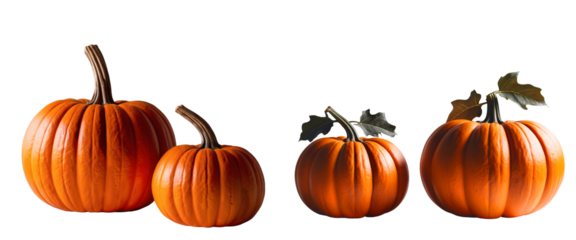 four plump, vibrantly orange pumpkins with two leaves, each with unique ridges and shape