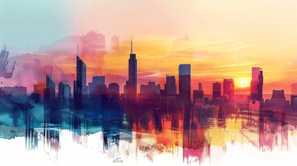 A painted cityscape at sunset.