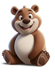 Fototapeta premium Cartoon cheerful big brown bear sitting on a white background in 3D graphics style