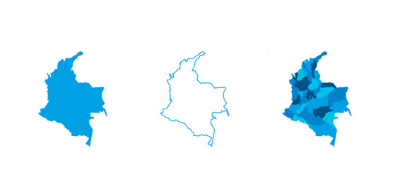 Colombia set of three maps - solid map, outline map and map highlighting administrative divisions. Three distinct maps illustrate various representations of a geographical area.