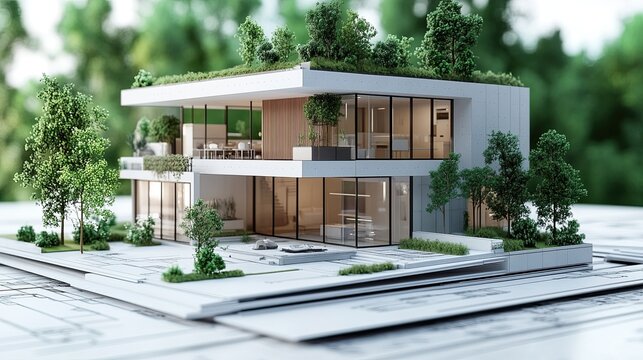 3D models and blueprints for a smart-building project or environmentally friendly modern building 