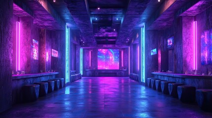3D rendering of a modern, futuristic, sci-fi concept club background with a gritty concrete, empty, and dark room with glowing purple, blue, and pink neon lights