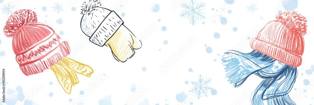 Poster winter themed doodle featuring cozy hats and scarves in a snowflake backdrop for a festive atmospher