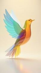 Obraz premium Elegant glass bird sculpture with colorful wings in flight, symbolizing freedom and hope, on a soft beige background with a light reflection.